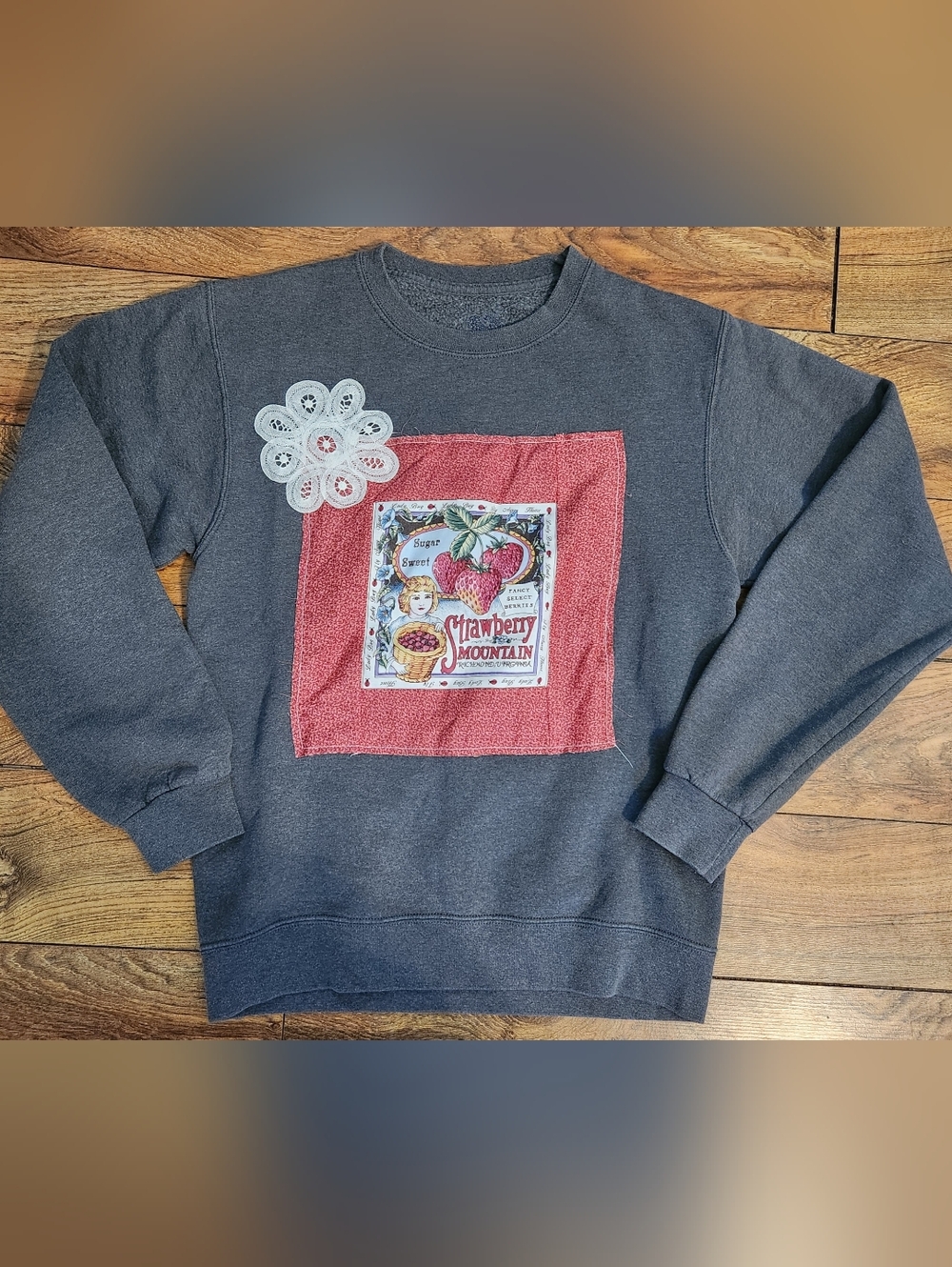 Upcycled Gray Sweatshirt with Strawberry Mountain Patch, Size S